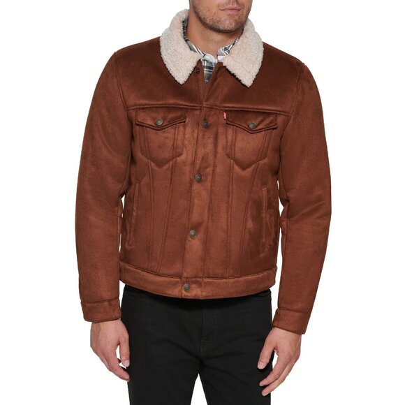 Levi's Men's Faux Leather Classic Trucker Jacket Brown Faux Shearling - Small - Picture 1 of 4